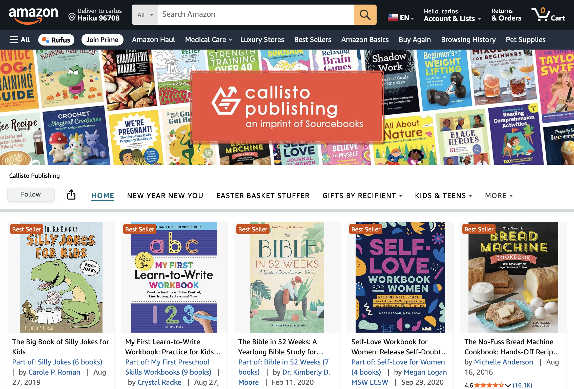 Amazon storefront header showing a broad range of redesigned book covers