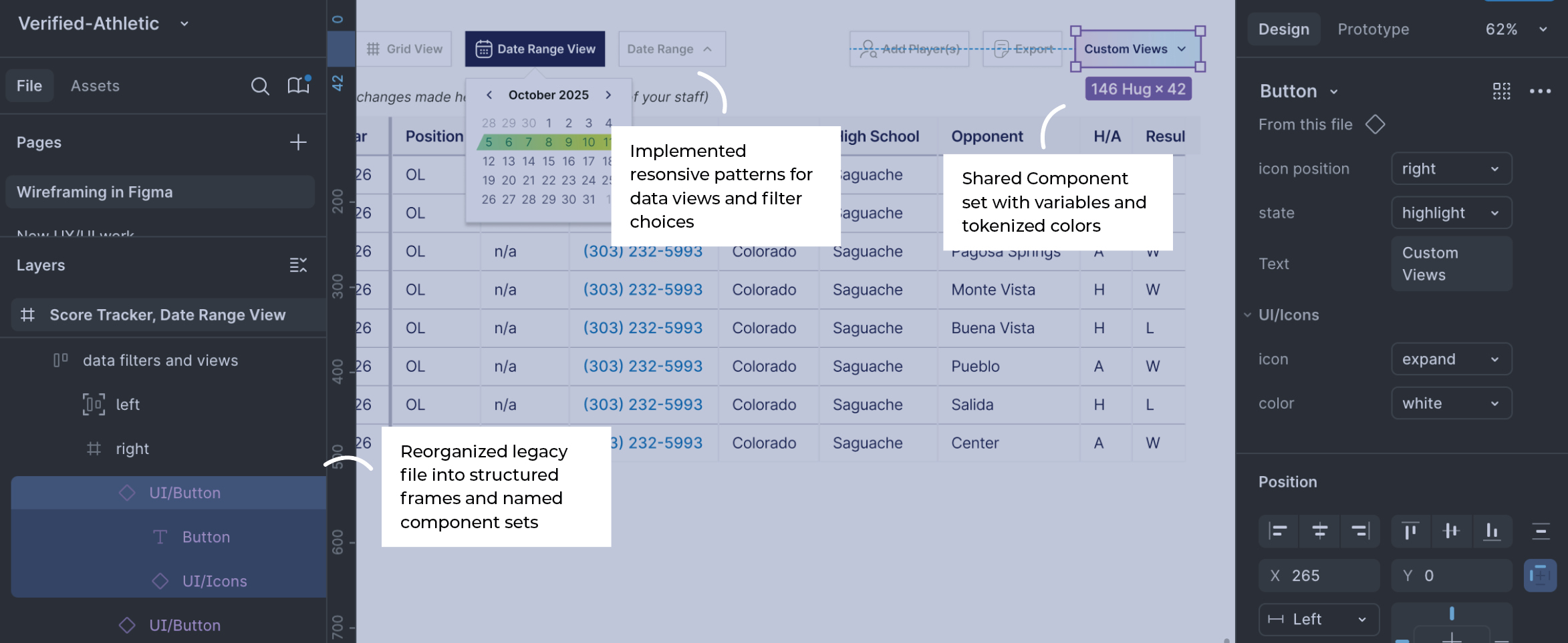 Figma file showing structured component sets and responsive patterns